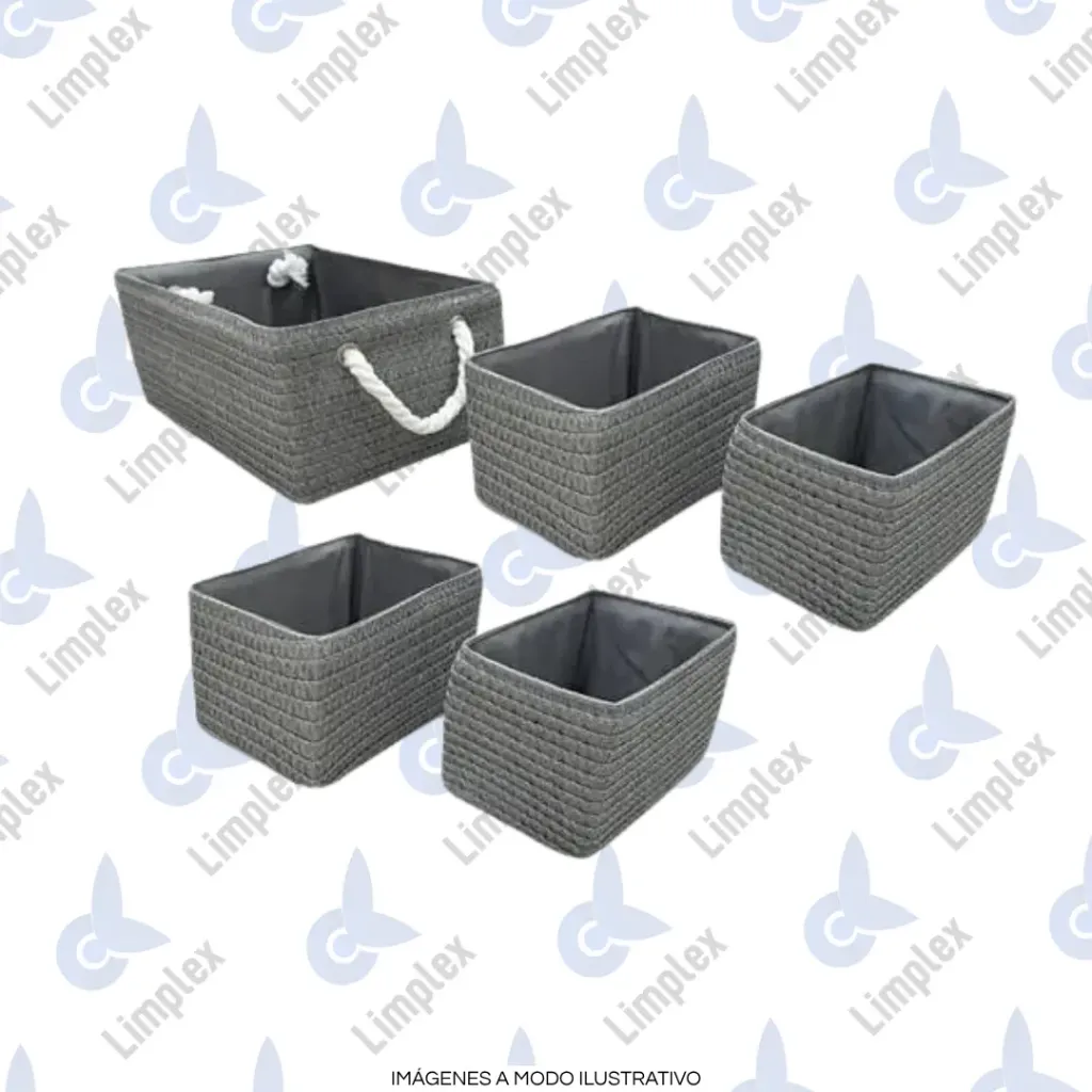 SET X5 CANASTOS GRISES MANIJA BLANCA